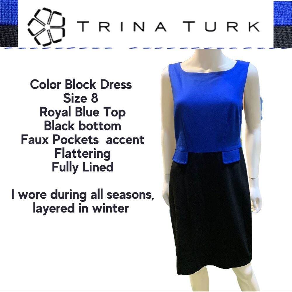 Trina Turk Color block royal blue/ black sleeveless dress Size 8 Midi